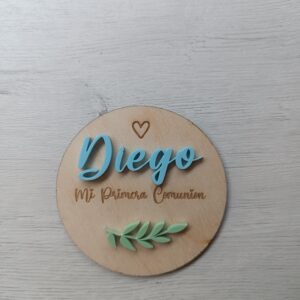 Placa redonda madera y metacrilato bautizo o comunion sin cinta