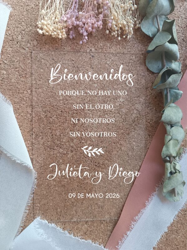 Cartel metacrilato bienvenidos+frase 60x45